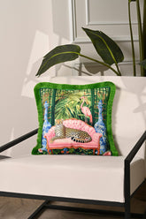 Elegant House Cat Cheetah Design Velvet Cushion Cover with Fringe Detail - Maximalist Design